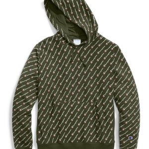 CHAMPION Reverse Weave Hoodie All Over Print Size Large Olive Green